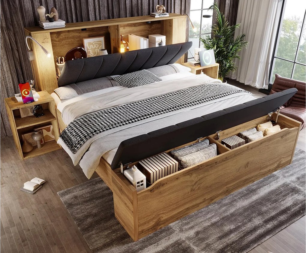 Łóżko dla dorosłych 180×200cm - z lampką do czytania + gniazdkami do ładowania + ławką z pojemnikiem - z 2 stolikami nocnymi - Naturalny