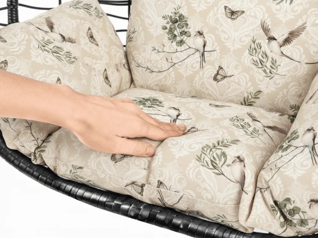 Czarne wiszące krzesło KOKON bez stojaka, beżowa poduszka