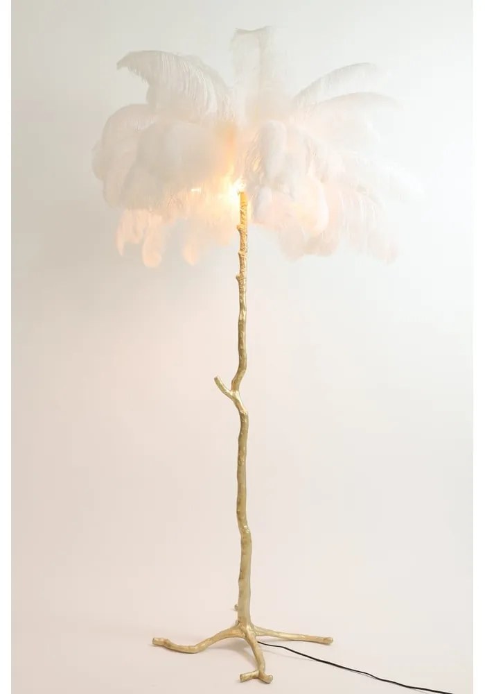 Lampa stojąca w biało-złotym kolorze z kloszem z pierza (wysokość 180 cm) Feather – Light &amp; Living