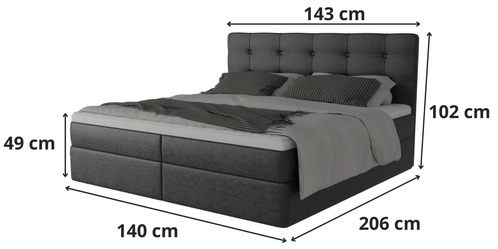 Luksusowe łóżko kontynentalne BRUNO 200cm z wygodnym materacem oraz dużymi pojemnikami, tapicerowane czarną tkaniną