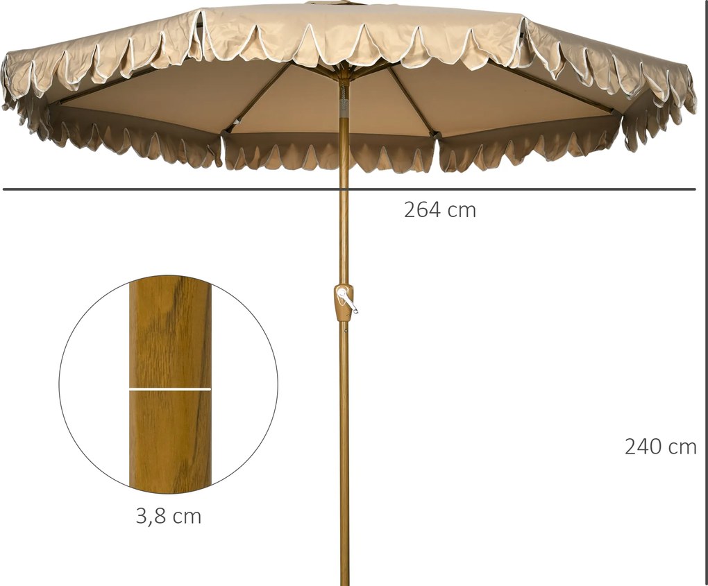 Outsunny Efektowny Parasol z Frędzlami - Nachylany, z Korbką, Khaki, Ø264x240cm - Modna Ochrona