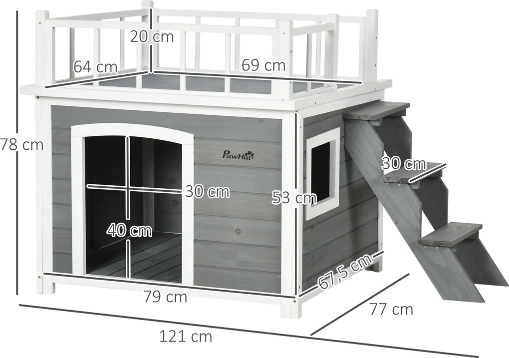 PawHut Domek dla psa z balkonem, podwyższony domek dla małych zwierząt z oknem i schodami