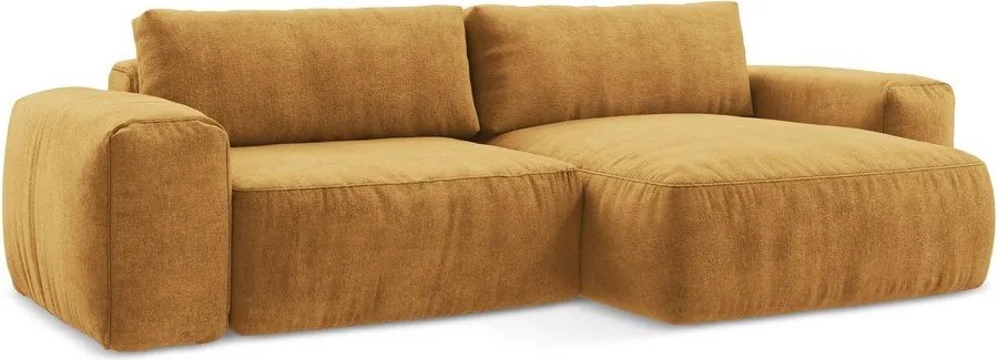 Musztardowy rozkładany narożnik z tkaniny szenilowej (prawostronny/z szezlongiem) Kuki – Makamii