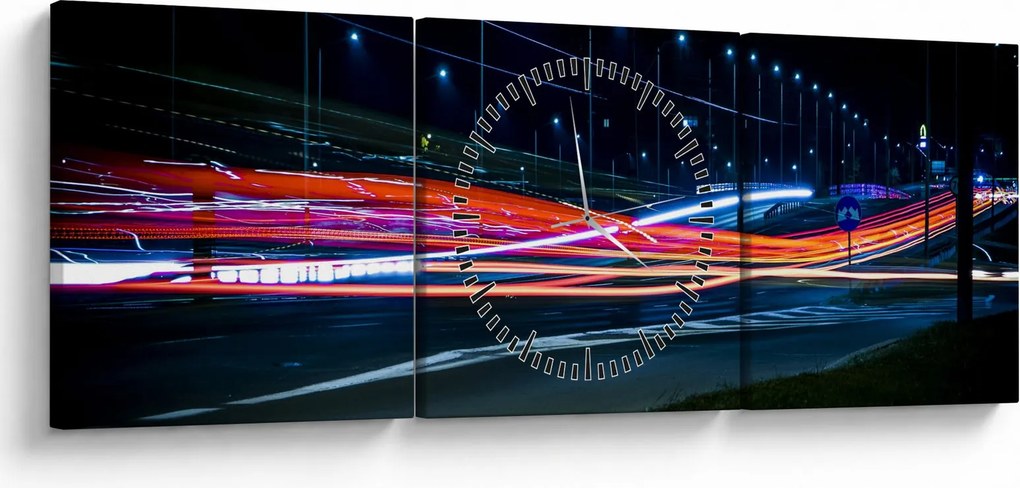 Obraz miasto nocą (z zegarem) (90x30 cm)