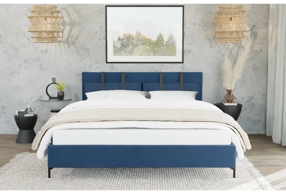Ciemnoniebieskie tapicerowane łóżko dwuosobowe ze stelażem 180x200 cm Tulsa – Ropez