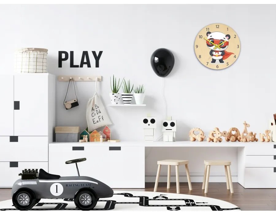 Zegar ścienny cichy do pokoju dziecięcego drewniany nowoczesny miś bohater