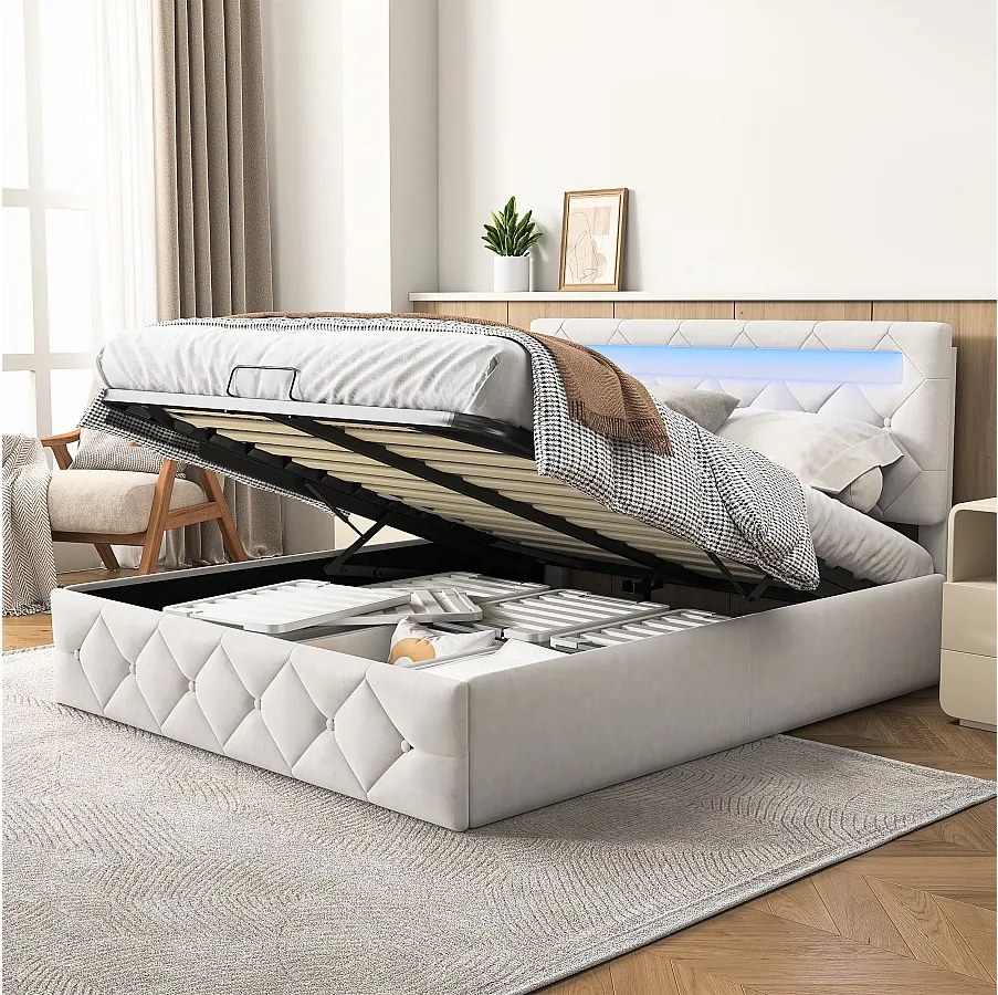 Łóżko 160x200cm z LED - Stelaż z listew - Duża przestrzeń do przechowywania - Beżowe