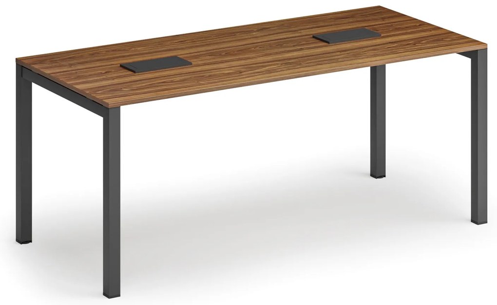 Stół konferencyjny PRIMO SQUARE, 180x80 cm, szaro-srebrna podstawa, orzech + 2x port blatowy TYP I, czarny