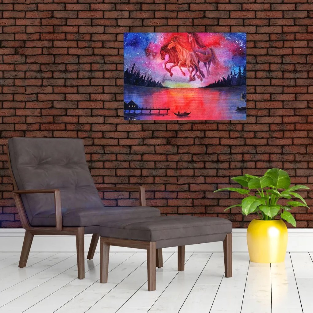 Obraz na szkle - Pojawienie się kosmicznych koni nad jeziorem, akwarela (70x50 cm)