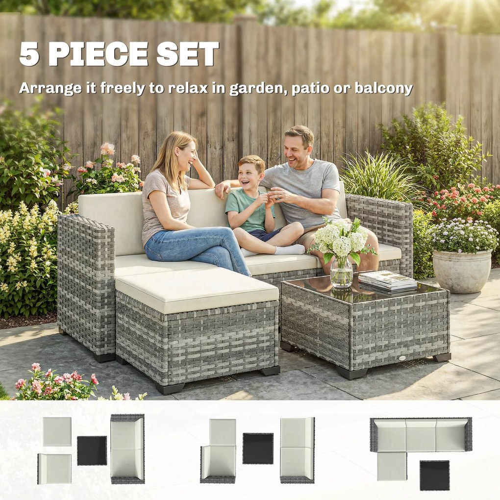 Outsunny Polyrattan Zestaw Mebli Ogrodowych 5-częściowy, Sofa Narożna z Podnóżkiem i Stolik Kawowy, Kremowy + Szary | Aosom PL
