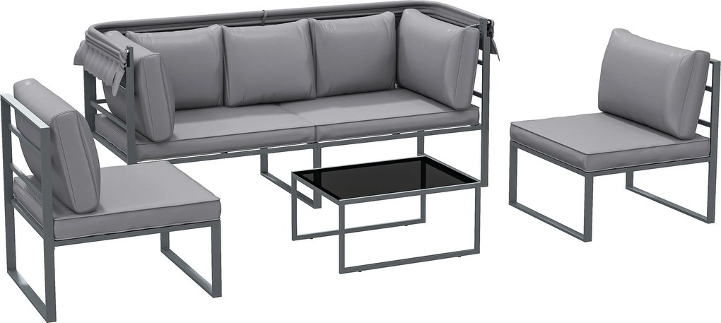 Outsunny Zestaw mebli zewnętrznych, sofa 3-osobowa z baldachimem, 2 krzesła, stolik kawowy z blatem szklanym, 12 poduszek, stalowa rama, Szary