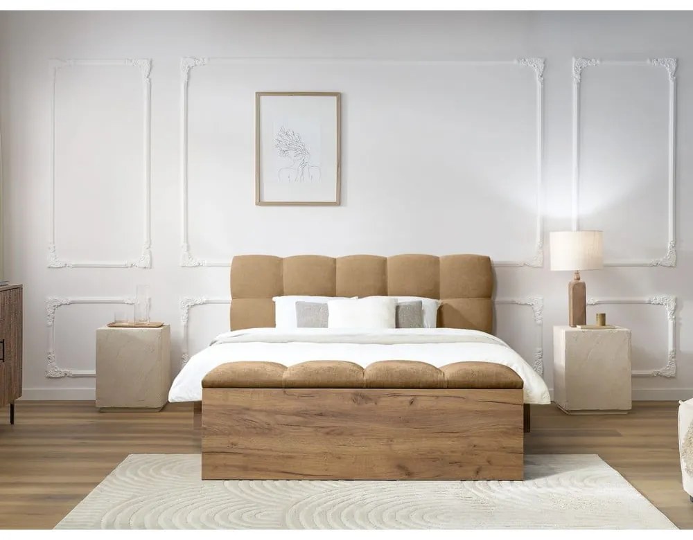 Beżowe tapicerowane łóżko dwuosobowe ze stelażem 140x190 cm Kumo – Bobochic Paris