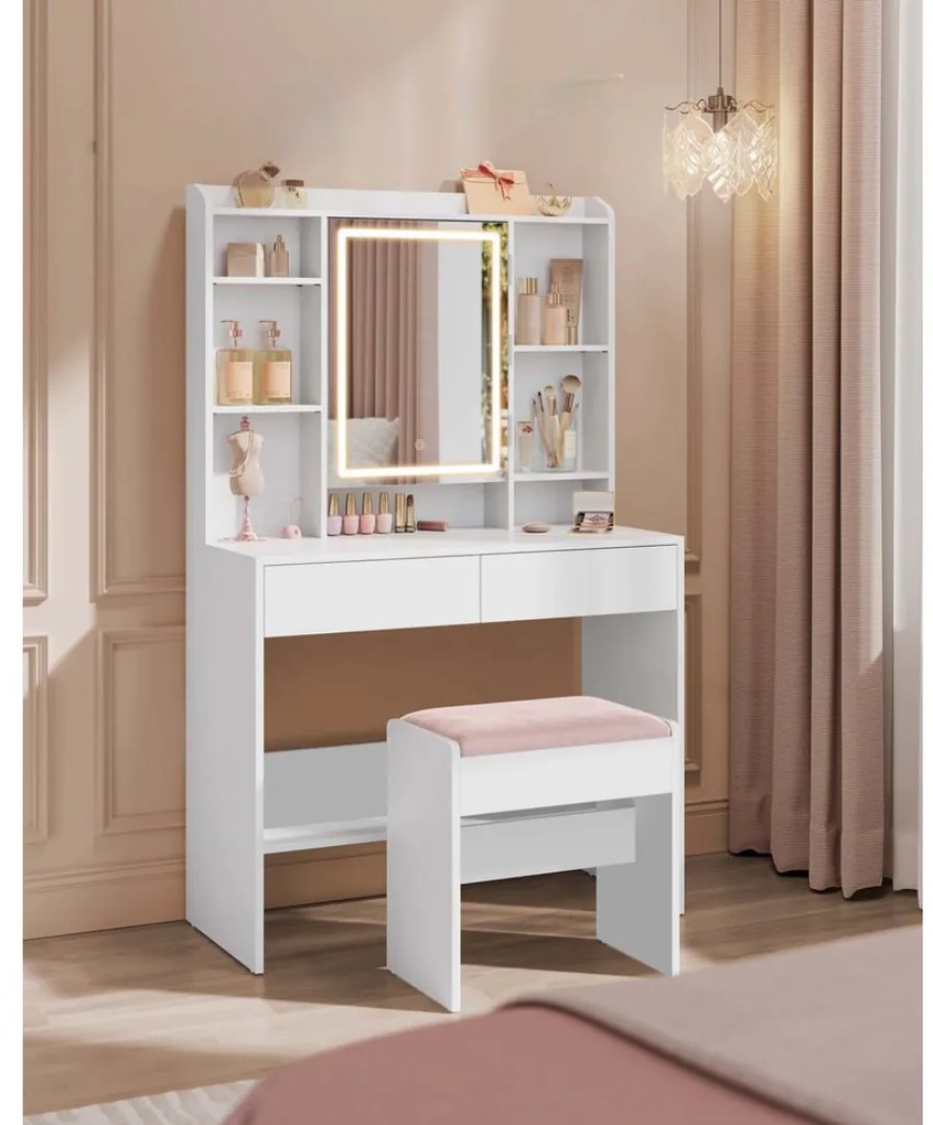 Vasagle Tapicerowany taboret/krzesło VELVET do toaletki, 45×45×28,6 cm, biały/różowy