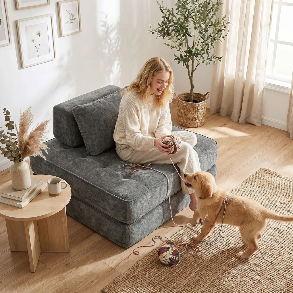 HOMCOM składany fotel podłogowy 2w1 sofa podłogowa składany materac z funkcją spania Chenille z poduszką do 220 kg szary | Aosom PL