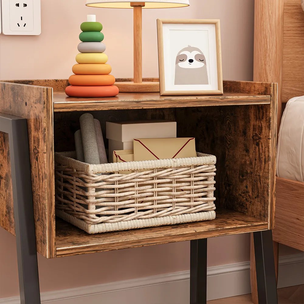 Rustykalny stolik nocny z półką – 43,5 x 35 x 51 cm, styl loftowy, MDF, brązowy