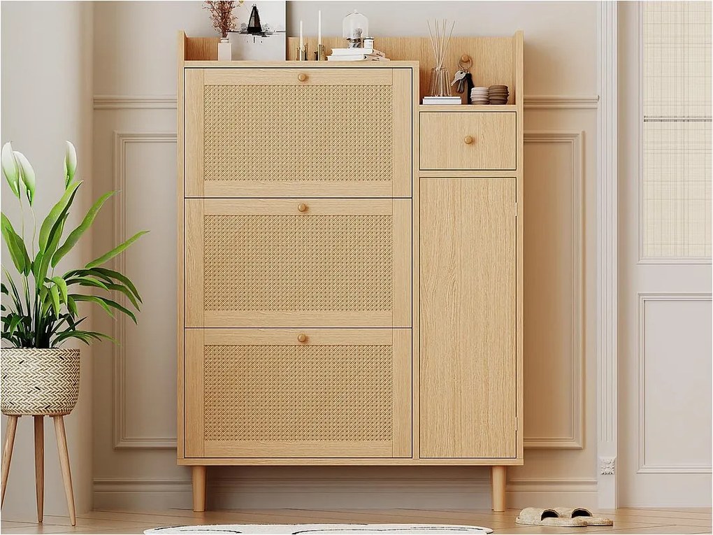 Mebel na buty z drewna i rattanu - 3 drzwi uchylne i 1 szuflada - półka regulowana - Naturalny