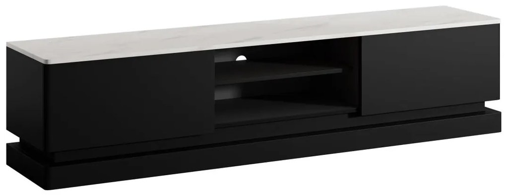 Szafka RTV z 2 szufladami i 2 wnękami z oświetleniem LED – Czarna i imitacja białego marmuru – DEVIKA marki Pascal Morabito