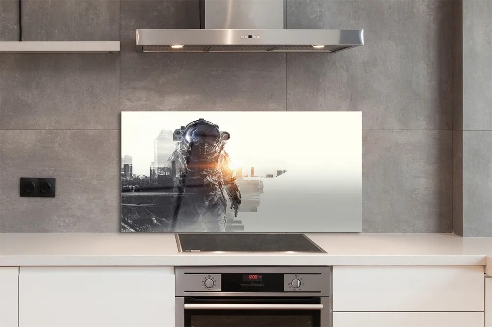 Szkło do Kuchni na Ścianę Postać na tle Panoramy Miasta