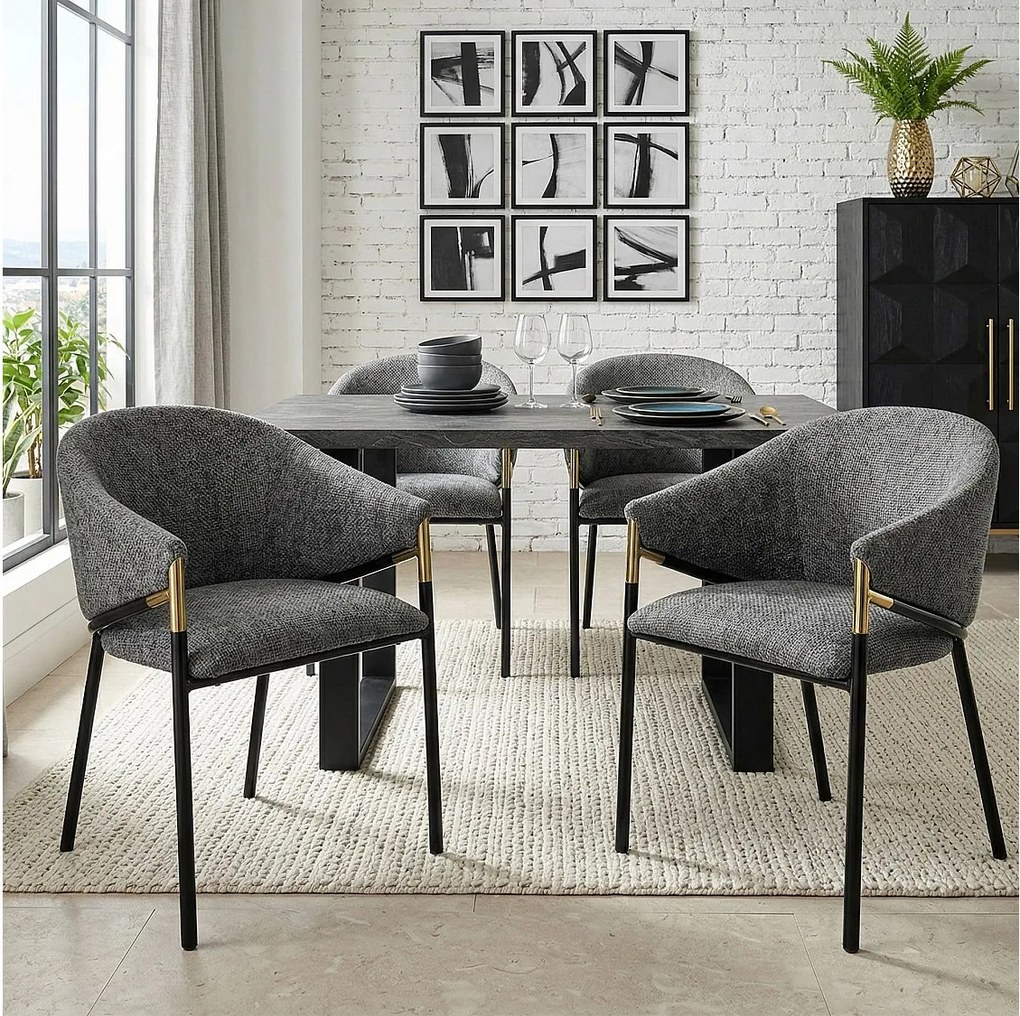Zestaw 4 krzeseł do jadalni - 56,5 x 56,5 x 78,5 cm - Styl nowoczesny - złote podłokietniki - aksamit - szary