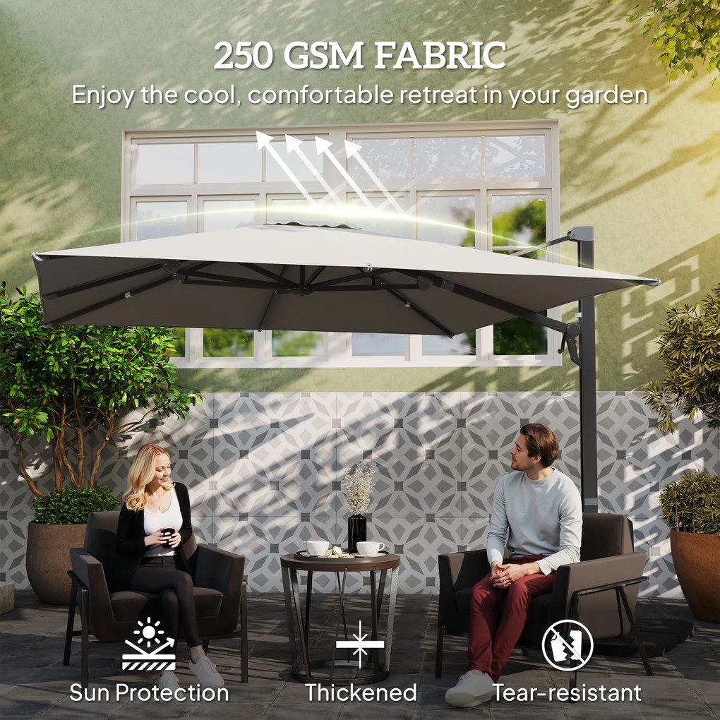 Outsunny Aluminiowy Parasol Ogrodowy 3 x 3 m Obrotowy o 360° z Korbą Stojak Wodoodporny Jasnoszary