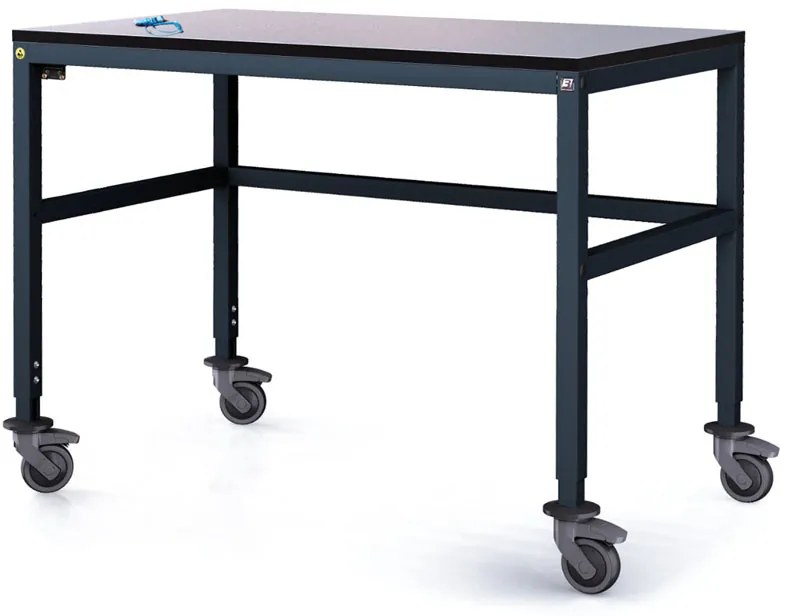 Antystatyczny stół warsztatowy ESD na kółkach, 1200 x 800 x 745-825 mm, regulowany stelaż