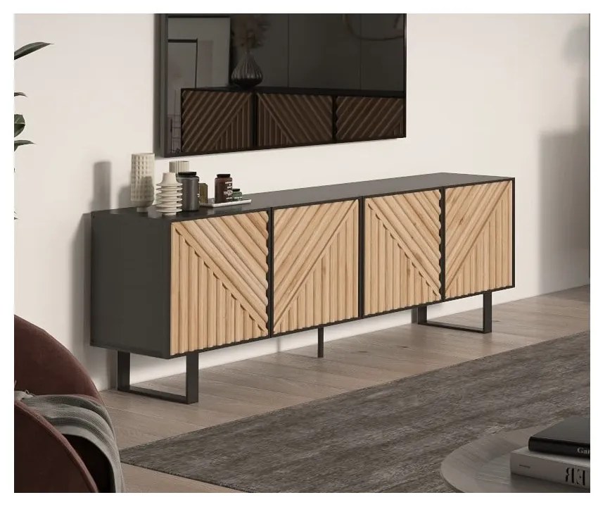 Czarno-naturalna szafka pod TV w dekorze dębu 161x55x35 cm Alana – Marckeric