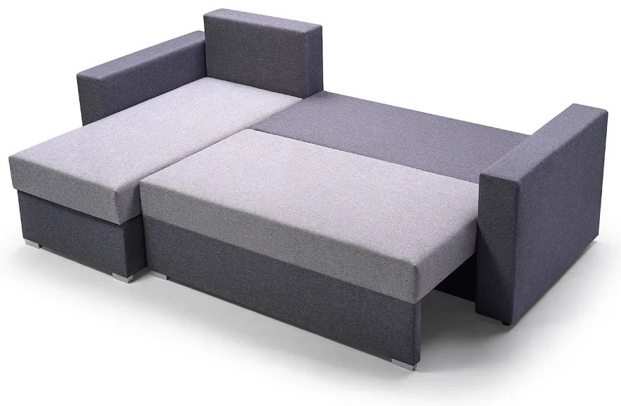 Sofa narożna z pojemnikiem na pościel i poduszkami dekoracyjnymi, fioletowo - szara, Marco