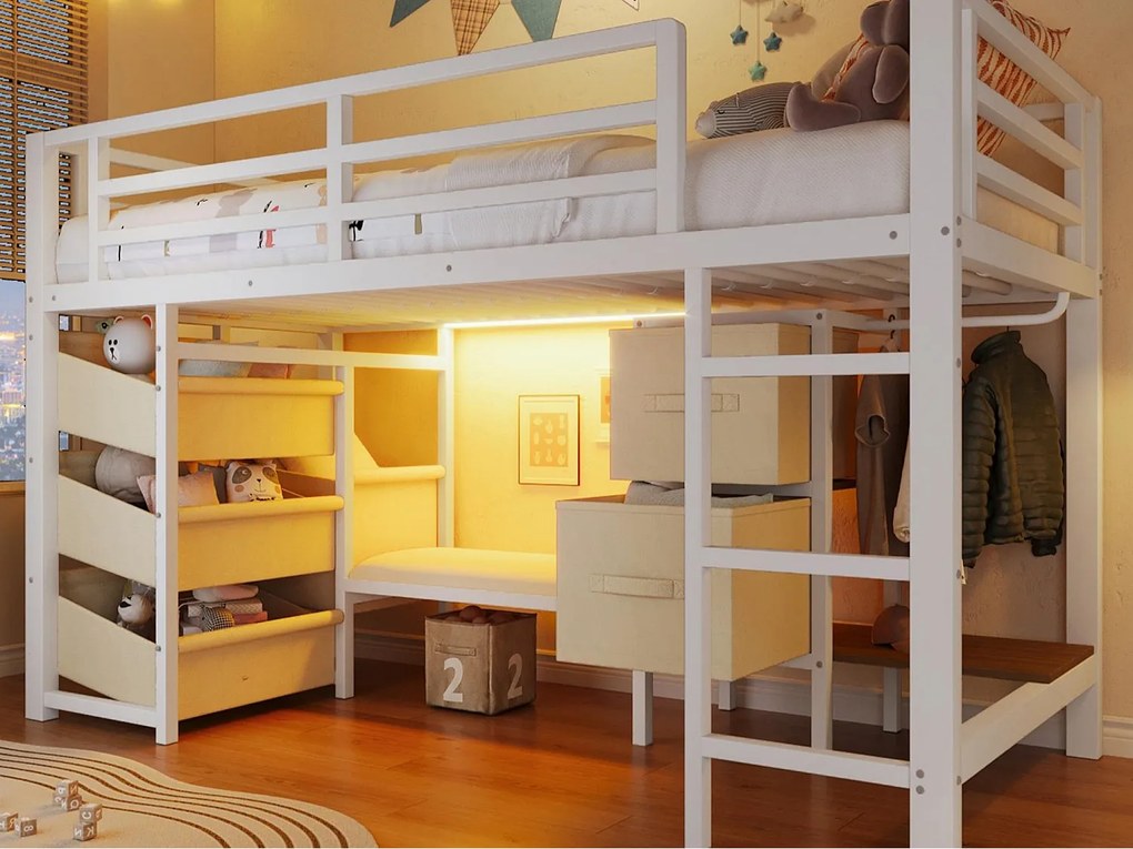 Łóżko na antresoli 90x200cm - z 2 szufladami - z materiałowymi kieszeniami do przechowywania - z oświetleniem LED - biały​ (materac nie jest wliczony w cenę)