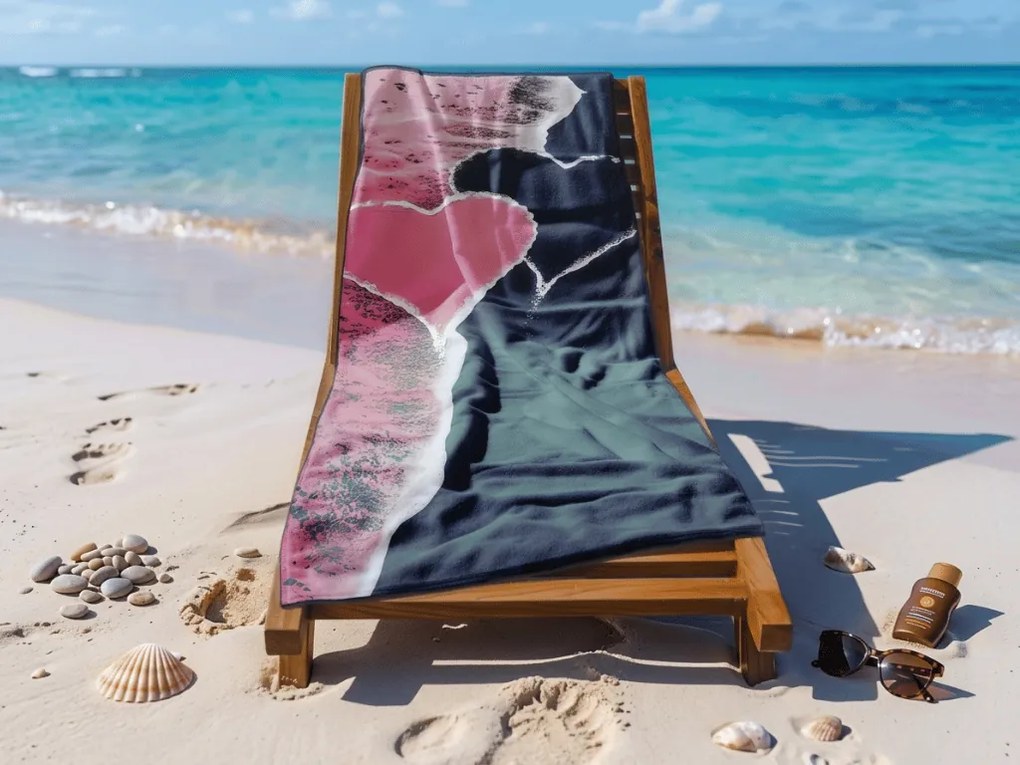 Ręcznik plażowy szybkoschnący SEA OF HEARTS różowo-czarny 70 x 140 cm, 100% mikrofibra