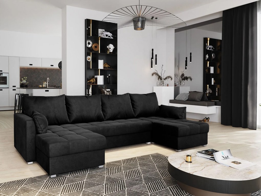 Masseno Narożnik NAKO z funkcją spania i pojemnikiem na pościel Narozniki U, Rozkładana sofa - Czarny, MONOLITH 95