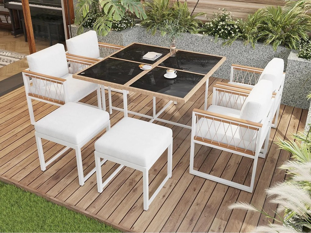 Zestaw jadalniany ogrodowy na 6 osób, stół ze szkła hartowanego, konstrukcja z żelaza ocynkowanego, 4 krzesła, 2 taborety, 1 stół, Biały
