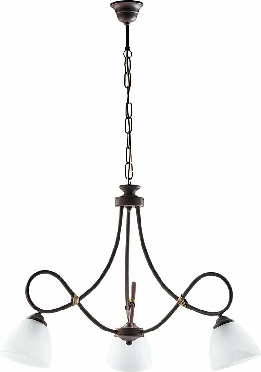 Dallas – żyrandol z czarnego lakierowanego żelaza, dekor imitujący rdzę, stare złoto, klosze z białego szkła alabastrowego Ø13 cm, 3 światła