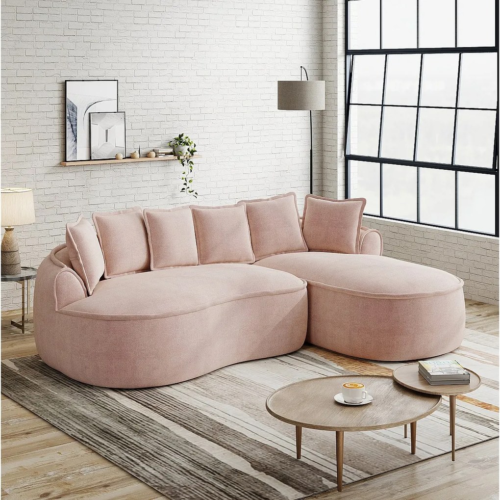 3-osobowa sofa narożna z poduszkami oparciowymi i głębokim siedziskiem, szenil, różowa, narożnik lewostronny, 252x164x67 cm