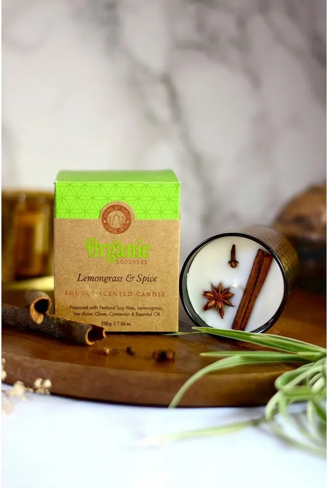 Organiczna świeca kadzidlana Lemongrass & Spice 200 g w szklanym słoiku ze złotą folią