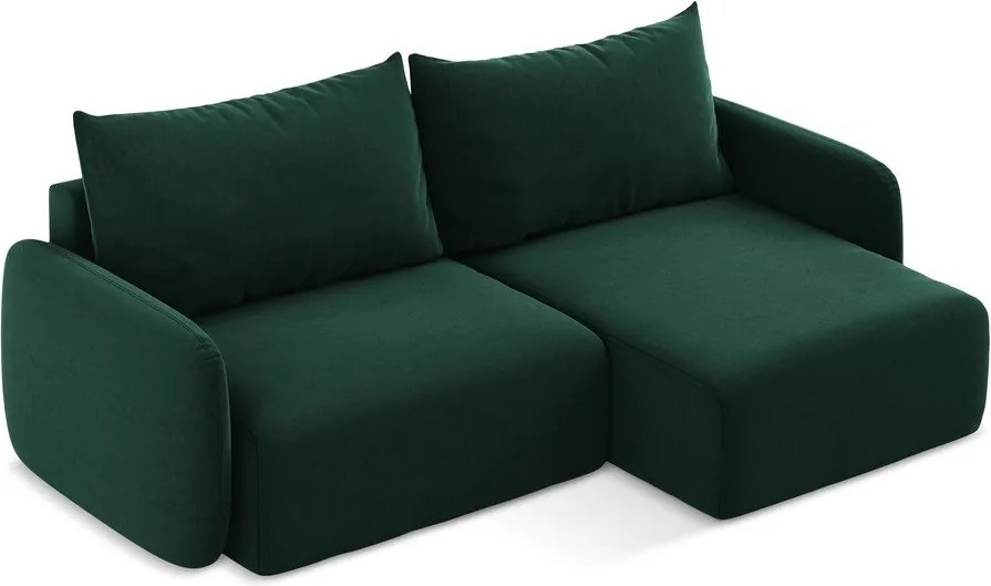 Ciemnozielony aksamitny rozkładany/ze schowkiem narożnik (prawostronny/z szezlongiem) Kalena – Makamii