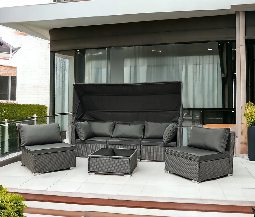 Wielofunkcyjny zestaw mebli ogrodowych - narożnik, leżanka z daszkiem Galicja 101 szary, poduszki szare