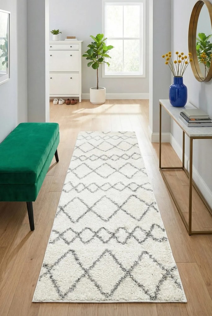 Kremowy chodnik dywanowy shaggy we wzorki K7-A90