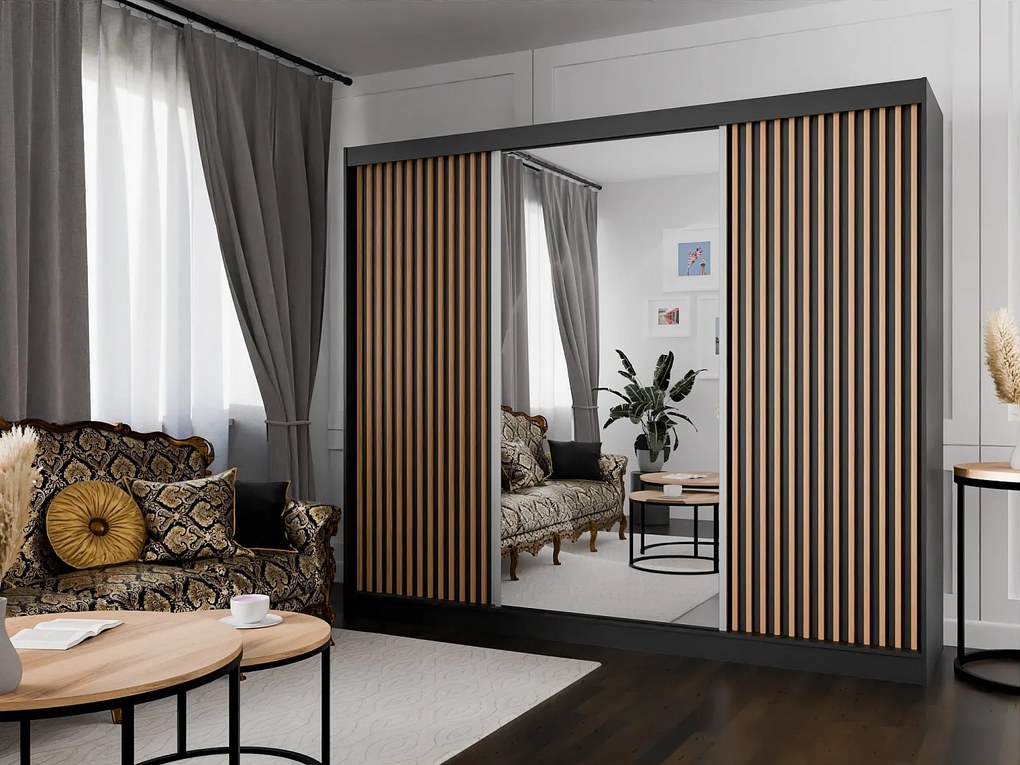 Szafa przesuwna ARTON 250 cm czarna z lamelami – nowoczesny design i funkcjonalność