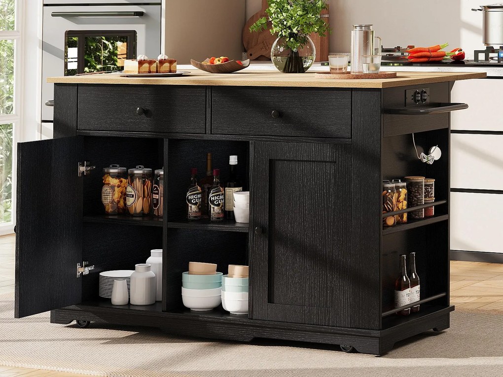 Wyspa kuchenna - wózek na kółkach z gniazdami - z rozkładanym blatem - 2 drzwi, 2 szuflady i 2 przegrody - Czarny