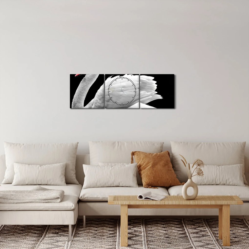 Obraz czarno - białego łabędzia (z zegarem) (90x30 cm)