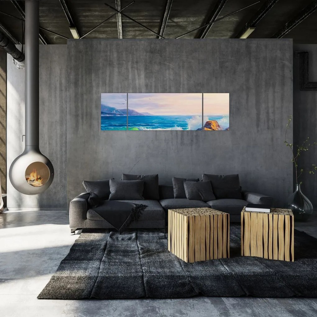 Obraz fal uderzających w klify, obraz olejny (170x50 cm)