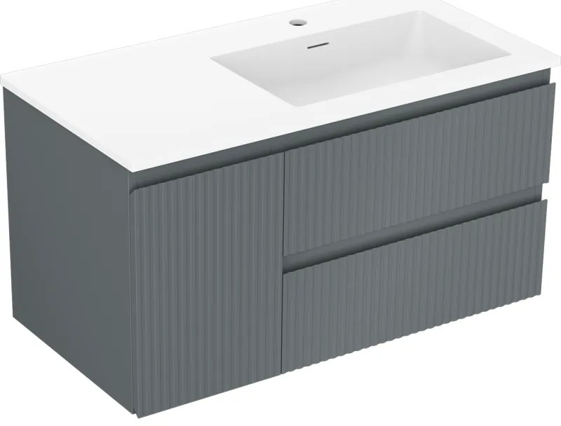 Mexen Rivel szafka łazienkowa 90 cm z umywalką Otis prawą., 2S, 1D, ryflowana, grafit/biała mat - 91A23-09047-3-BBFFF66-W18P01