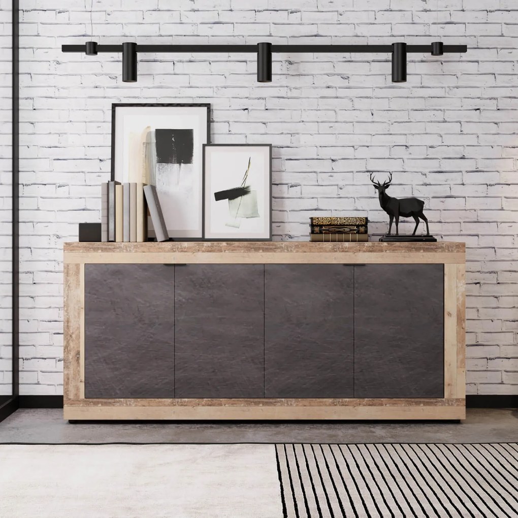 Komoda Czterodrzwiowa BLAGO 180 cm Czarny/Surowy Dąb Loft