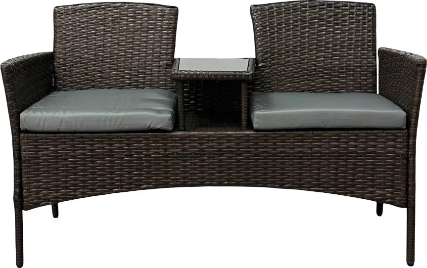 Meble ogrodowe Ratina, dwuosobowa sofa ze stolikiem, kolor brązowy, poduszki szare