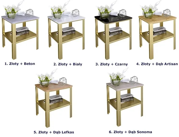 Minimalistyczny stolik kawowy z półką złoty + biały połysk - Sufix 3X