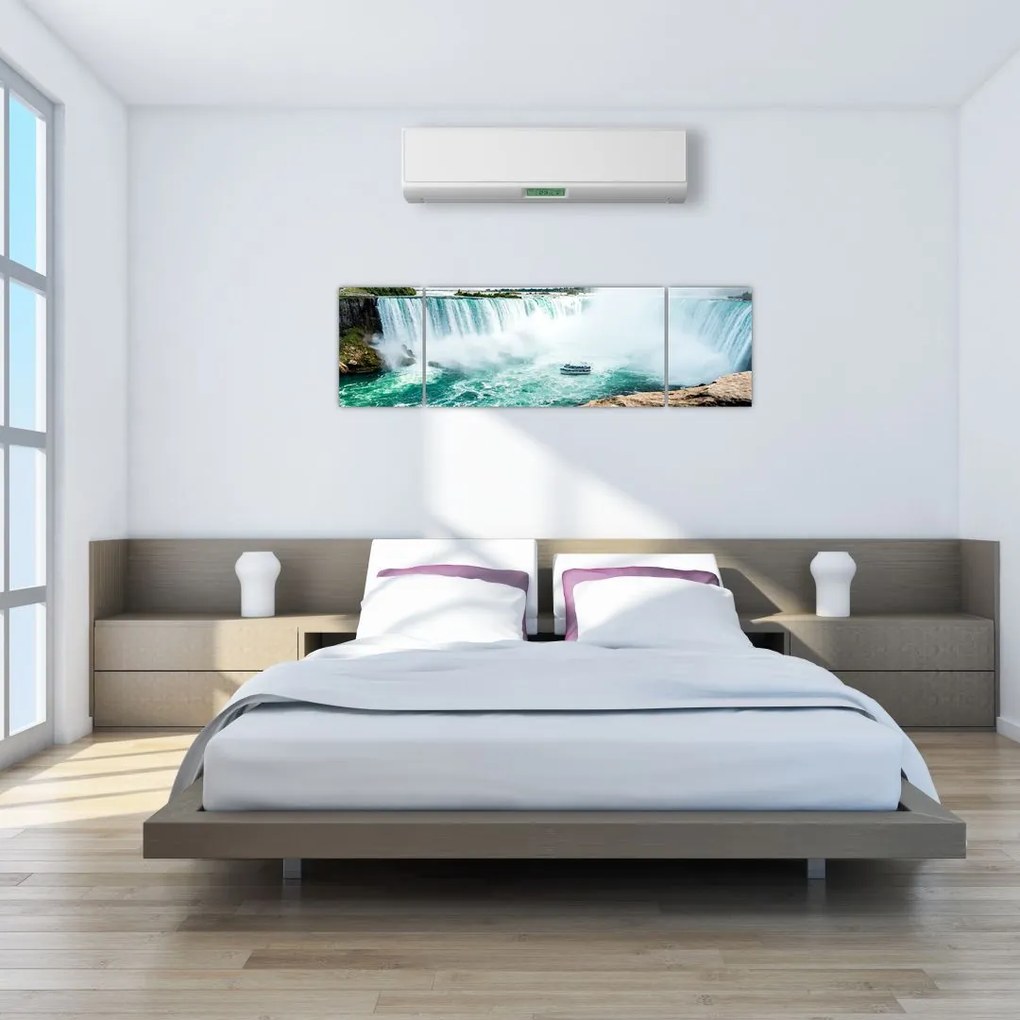Obraz wodospadów z łodzią (170x50 cm)