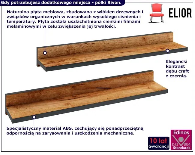 Zestaw 2 Czarny Półek Wiszących Dąb Craft + A9-W61