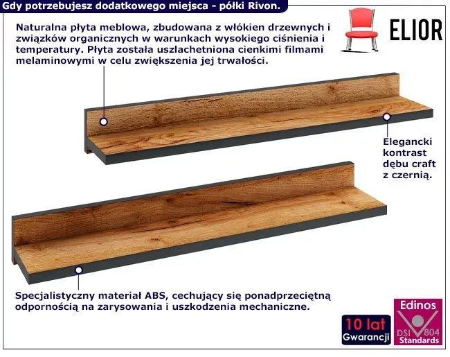 Zestaw 2 półek wiszących dąb craft + czarny - Rivion 3X