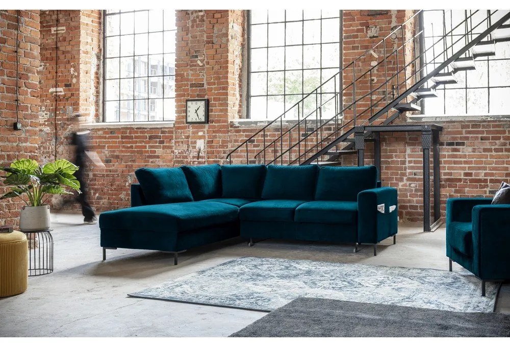 Turkusowy aksamitny rozkładany narożnik (lewostronny) Lofty Lilly – Miuform