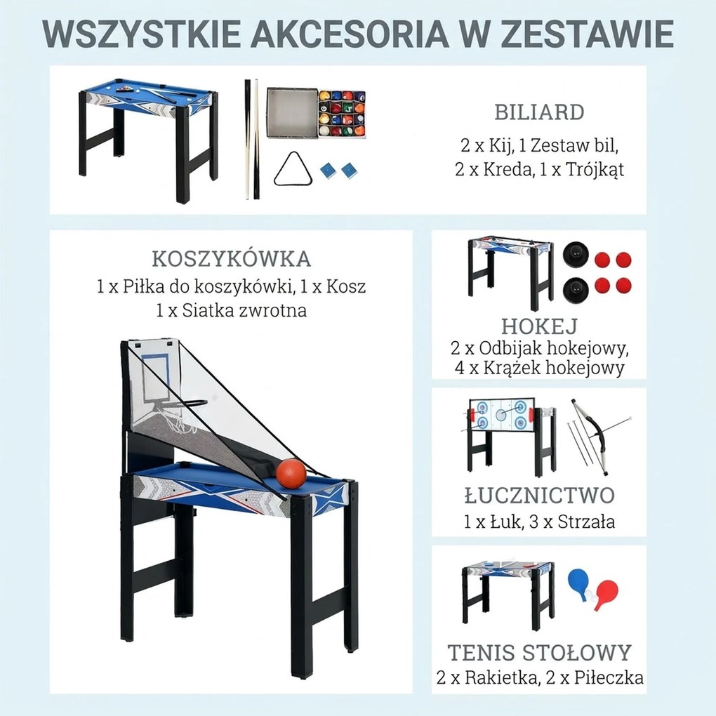 SPORTNOW Stół do gier 5 w 1, bilard, tenis stołowy, hokej, koszykówka, łucznictwo, akcesoria w zestawie, MDF, tworzywo sztuczne, niebieski
